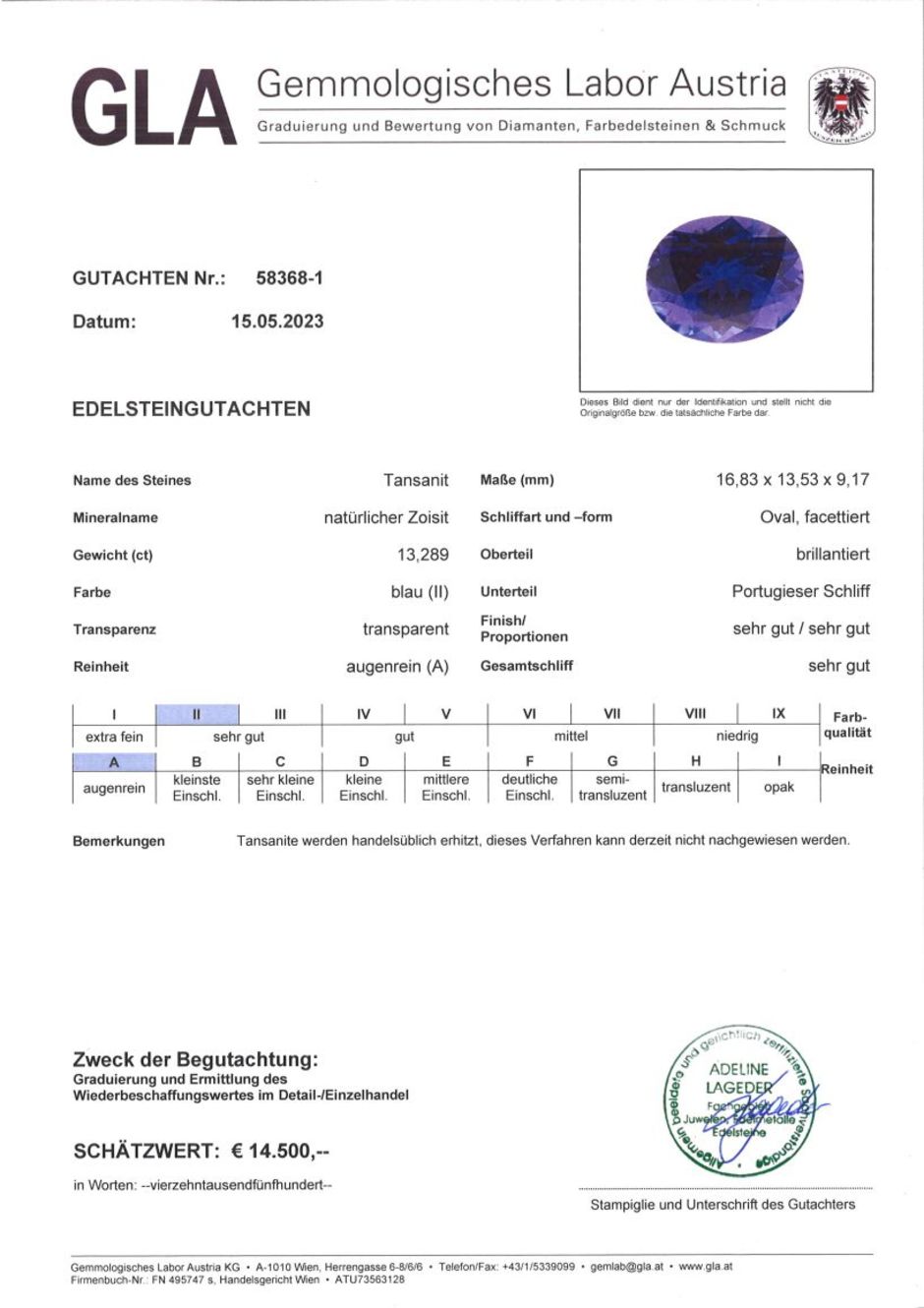 Gutachten zu Tanzanite oval intense blue 13.28 ct