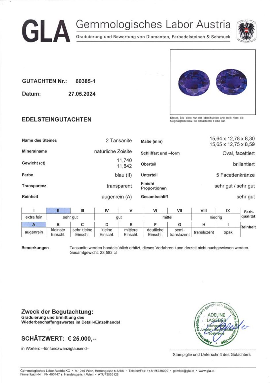 Gutachten zu Tansanit Duo oval intensives Blau 23,58 ct.