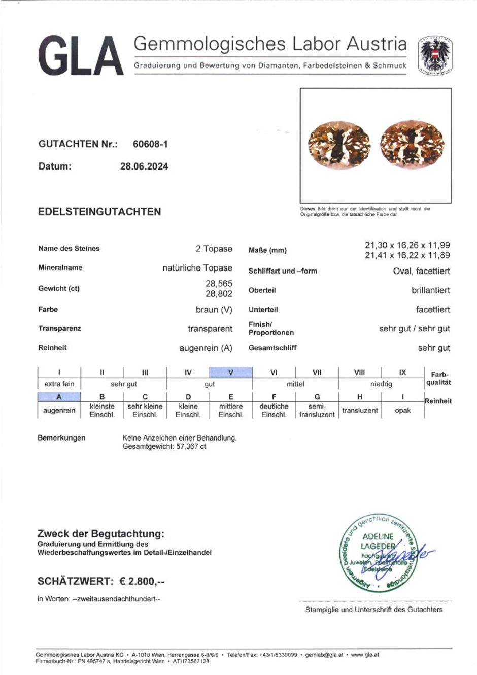 Gutachten zu Topas Duo oval bräunlich 57,36 ct