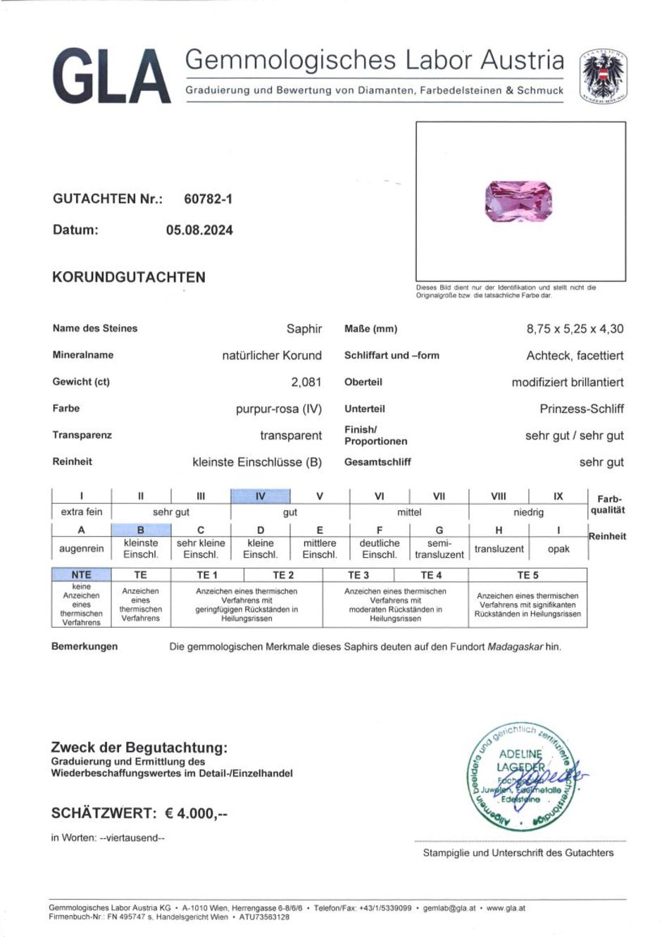 Gutachten zu Sapphire octagon-princess purplish pink unheated 2.08 ct