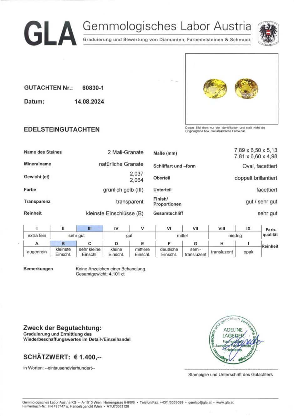 Gutachten zu Mali-Granat Duo oval grünlich gelb 4,10 ct