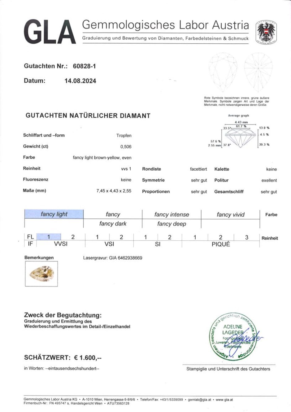 Gutachten zu Farbdiamant Tropfen bräunlich hellgelb vvs1 0,50 ct