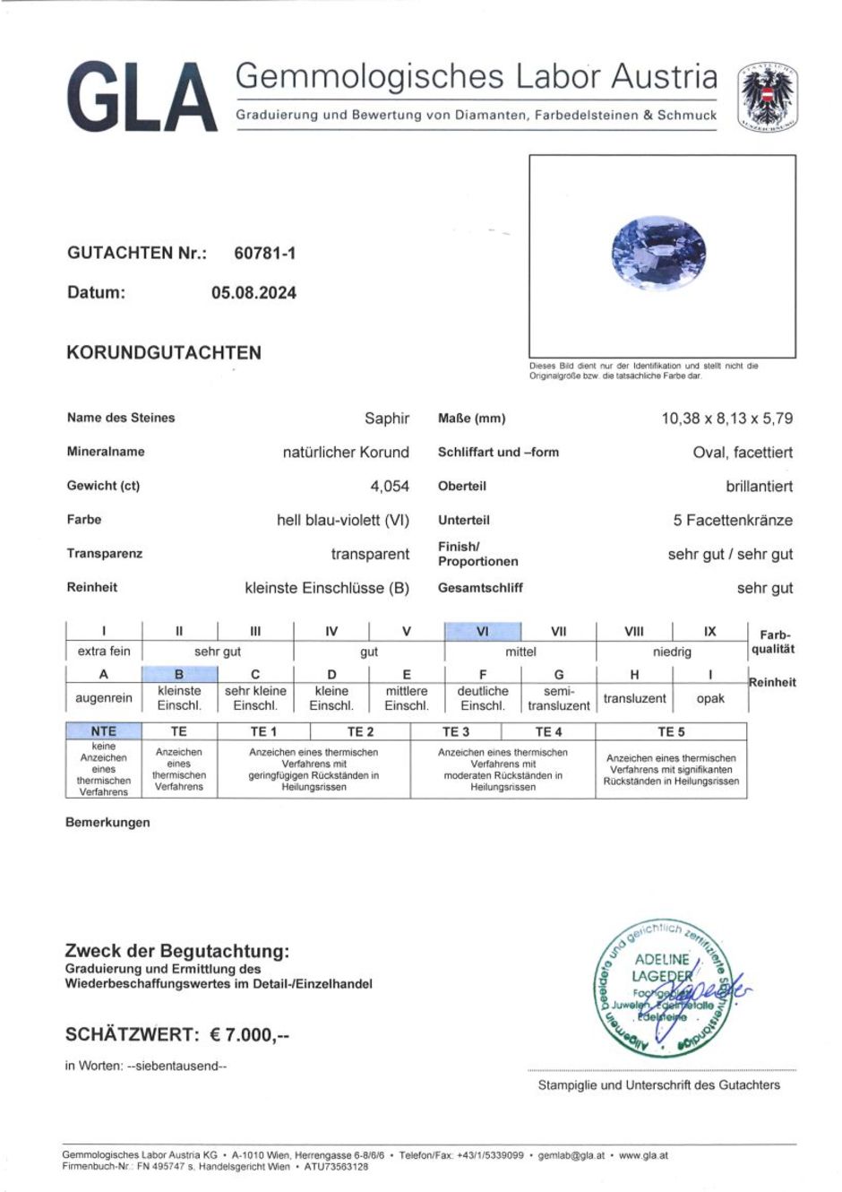 Gutachten zu Saphir oval bläulich-lila ungebrannt 4,05 ct.