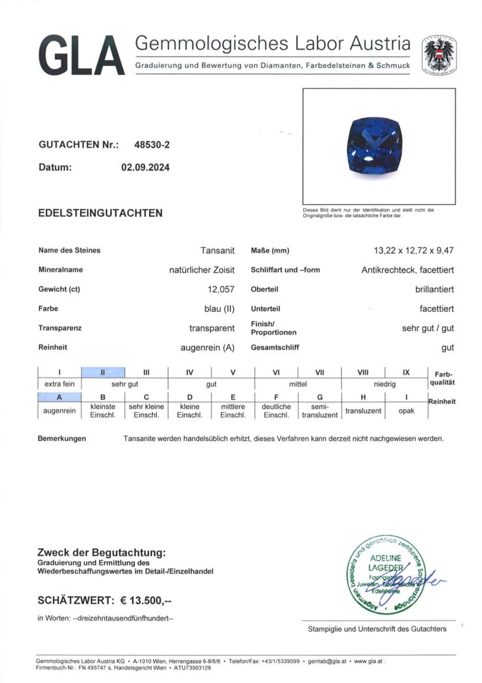 Gutachten zu Tansanit antikquadrat intensivblau 12,05 ct