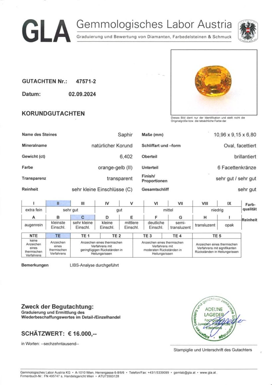 Gutachten zu Saphir oval intensives Gelborange 6,40 ct