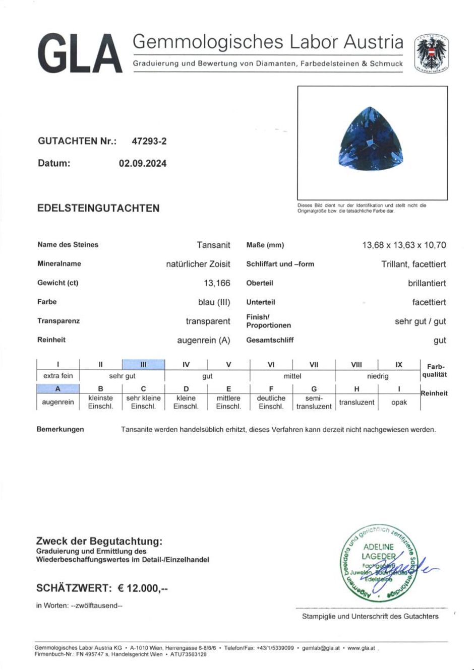 Gutachten zu Tansanit Trillion intensives Blau 13,16 ct