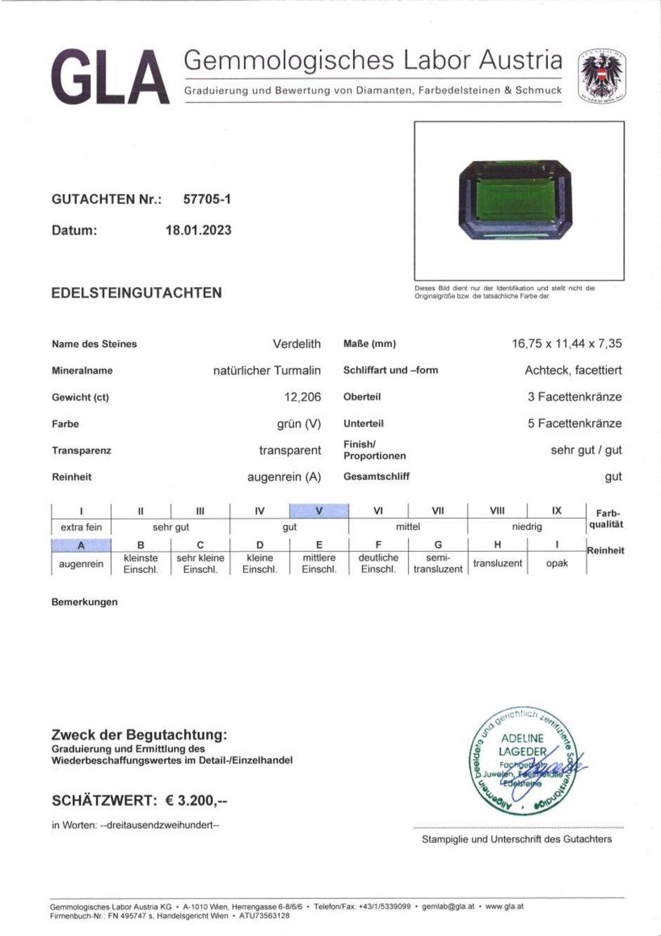 Gutachten zu Green Tourmaline Tourmaline octagon green 12.20 ct.