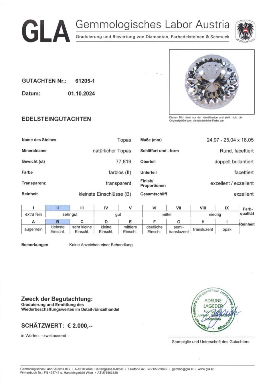 Gutachten zu Topas rund farblos 77,81 ct