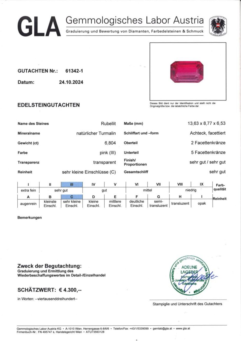 Gutachten zu Rubellite Tourmaline octagon reddish pink 6.80 ct