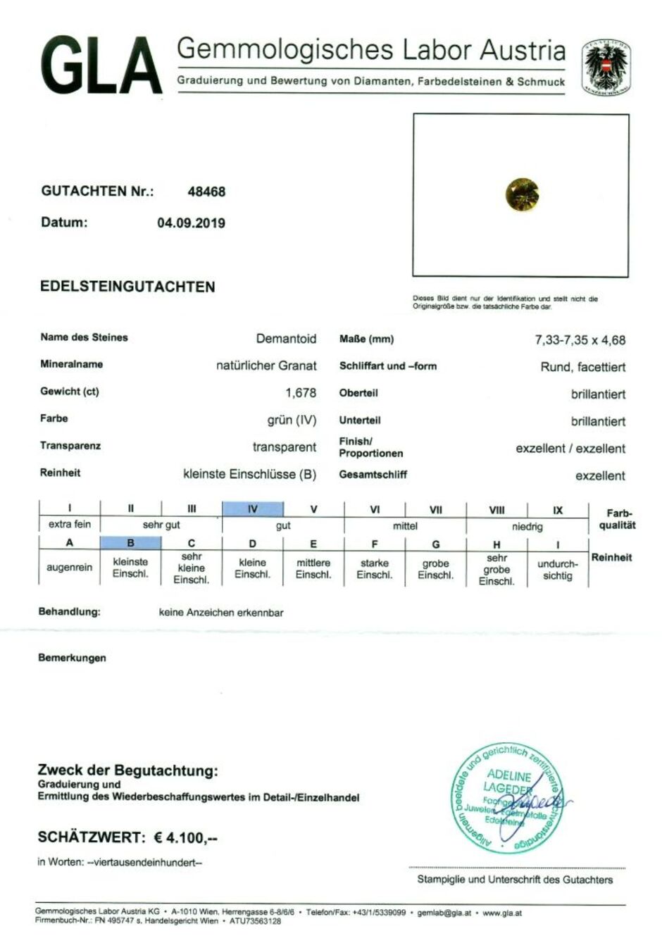 Gutachten zu Demantoid Garnet round brilliant green 1.67 ct