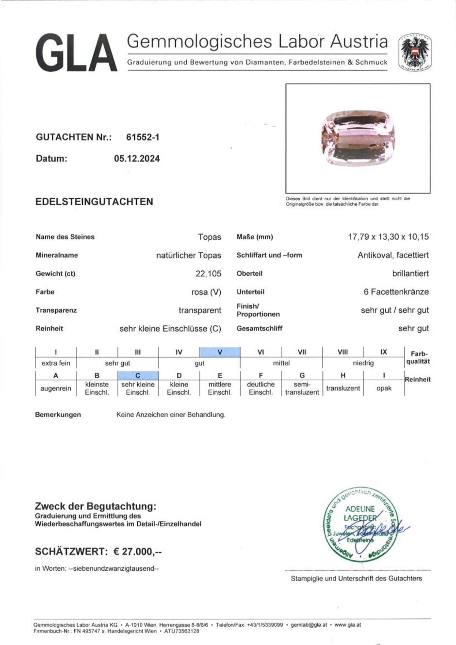 Gutachten zu Topas antikoval rosa unbehandelt 22,10 ct.