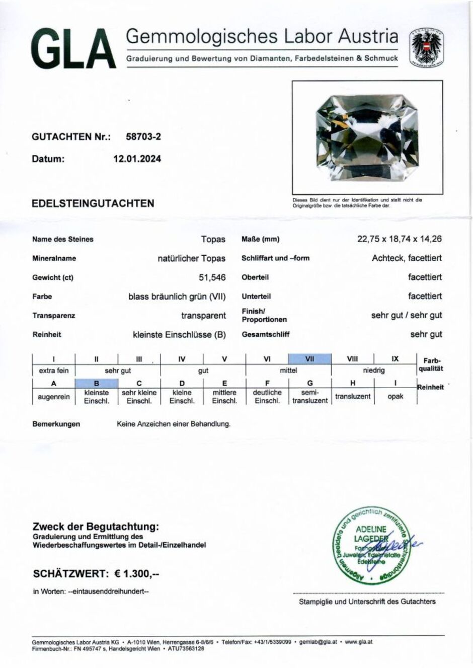 Gutachten zu Topas octagon getönt unbehandelt 51,54 ct