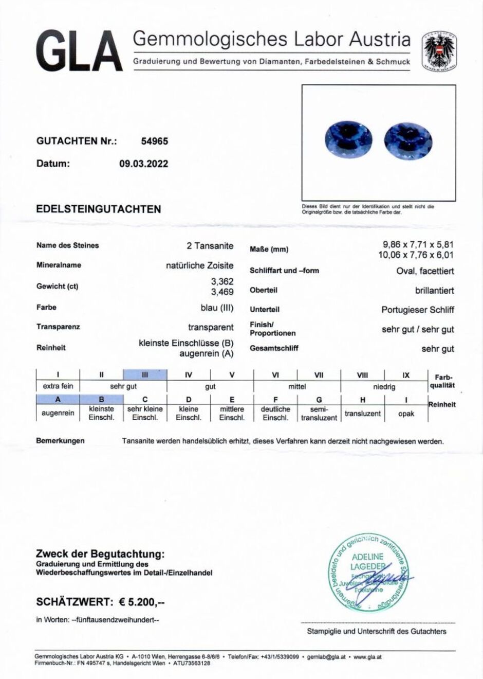 Gutachten zu Tansanit Duo oval intensives Blau 6,83 ct.