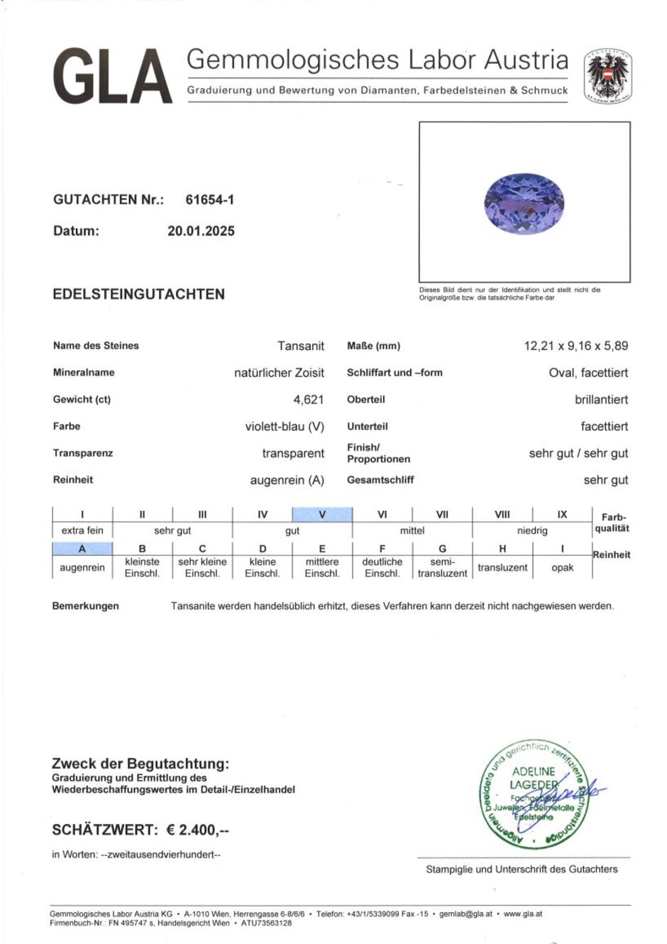 Gutachten zu Tanzanite oval blue 4.62 ct.