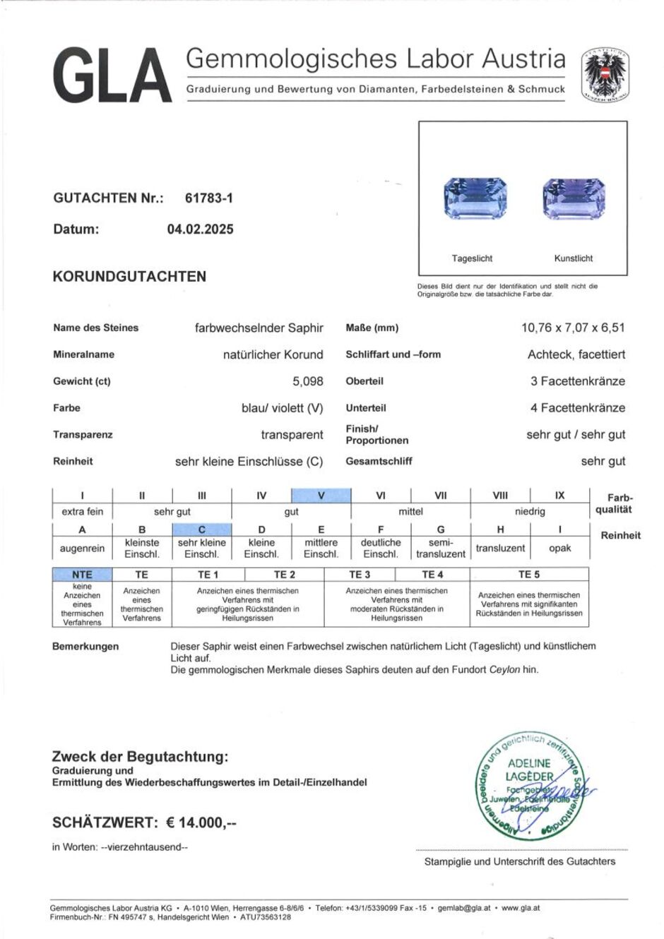 Gutachten zu Saphir octagon bläulich-lila ungebrannt 5,09 ct.