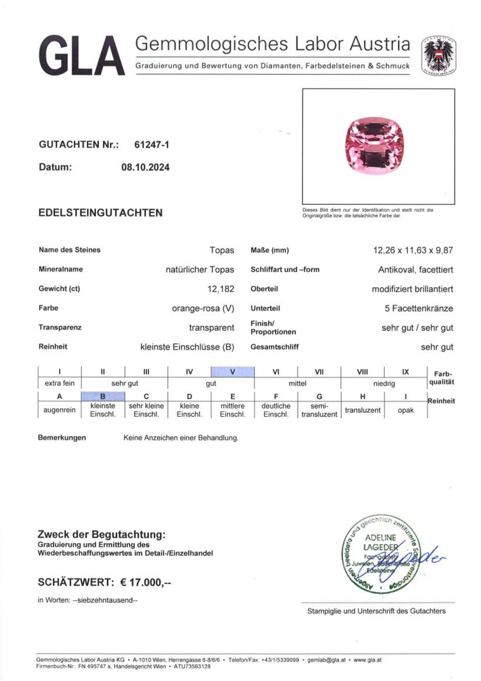 Gutachten zu Topas antik rosa unbehandelt 12,18 ct.
