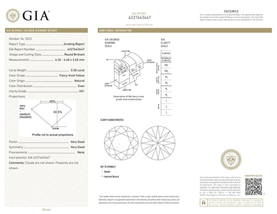Gutachten zu Farbdiamant Brillant sehr intensives Gelb vs1 0,30 ct