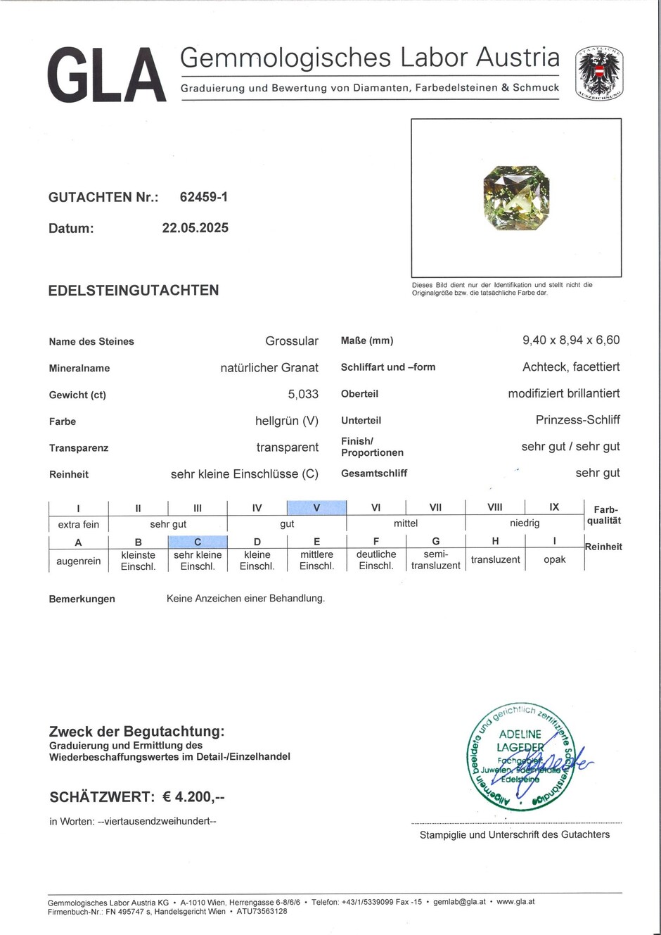 Gutachten zu Granat Grossular octagon hellgrün 5,03 ct.