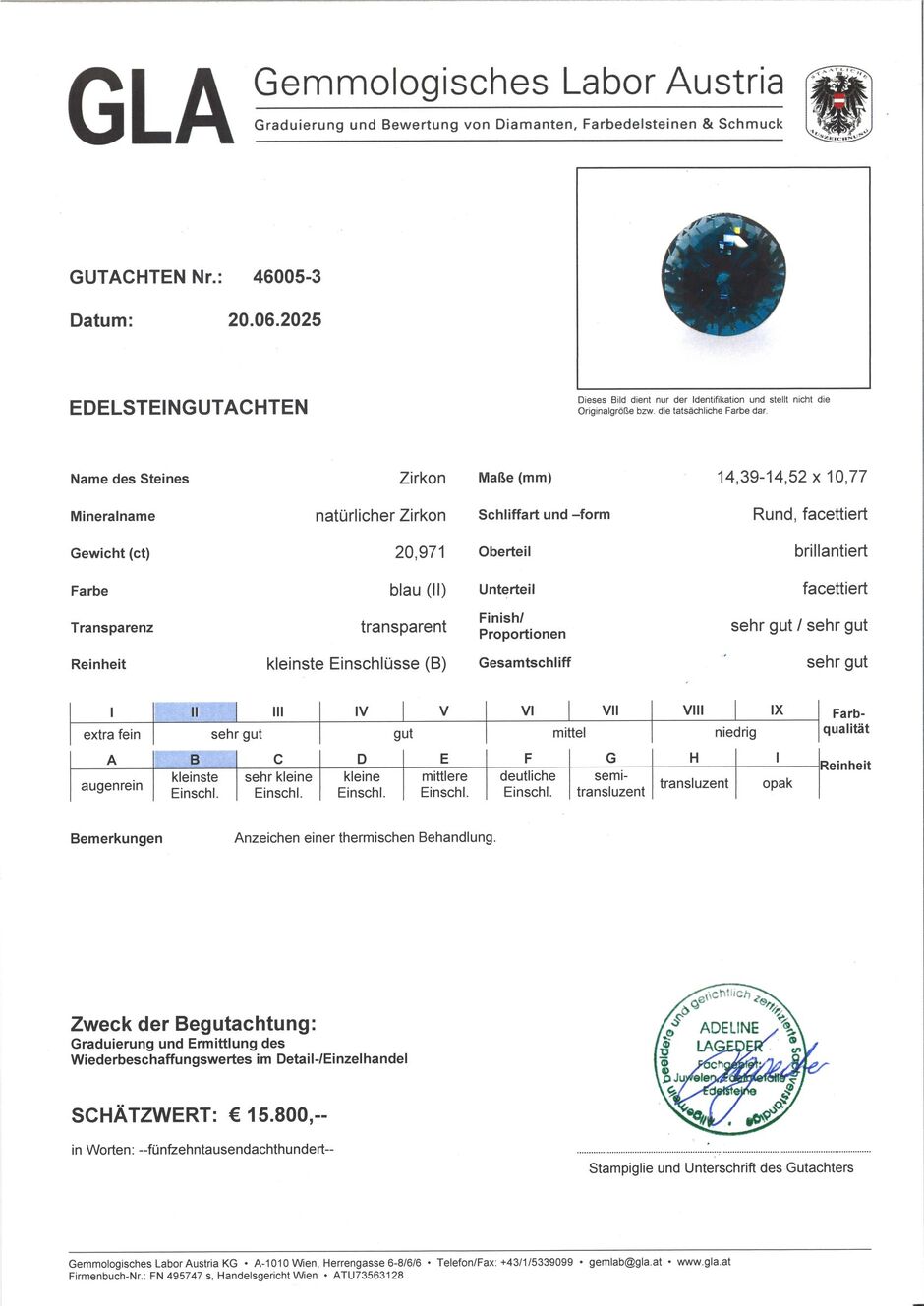 Gutachten zu Zircon round intensives-Blau