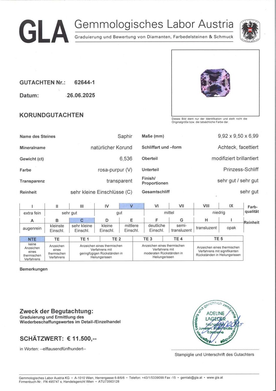 Gutachten zu Saphir octagon-princess lila ungebrannt 6,53 ct.
