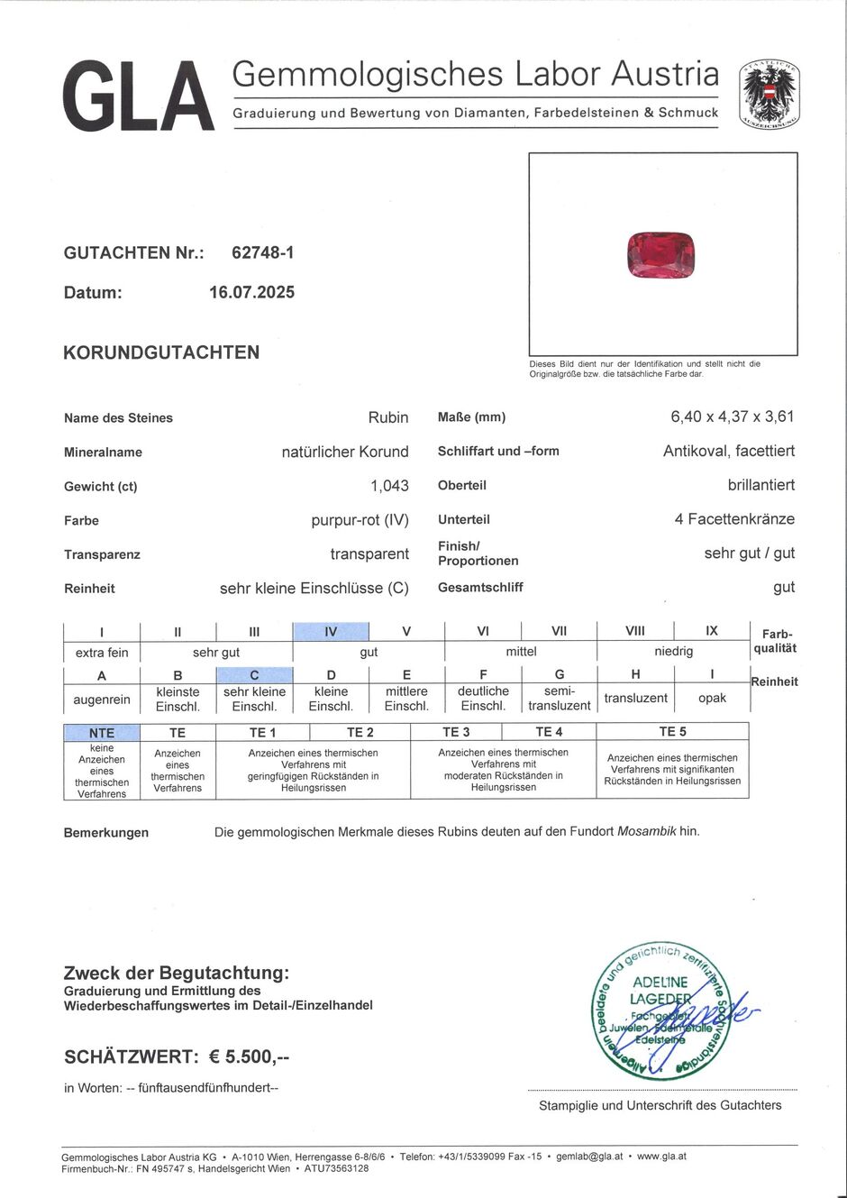 Gutachten zu Rubin antik purpur-rot ungebrannt 1,04 ct.