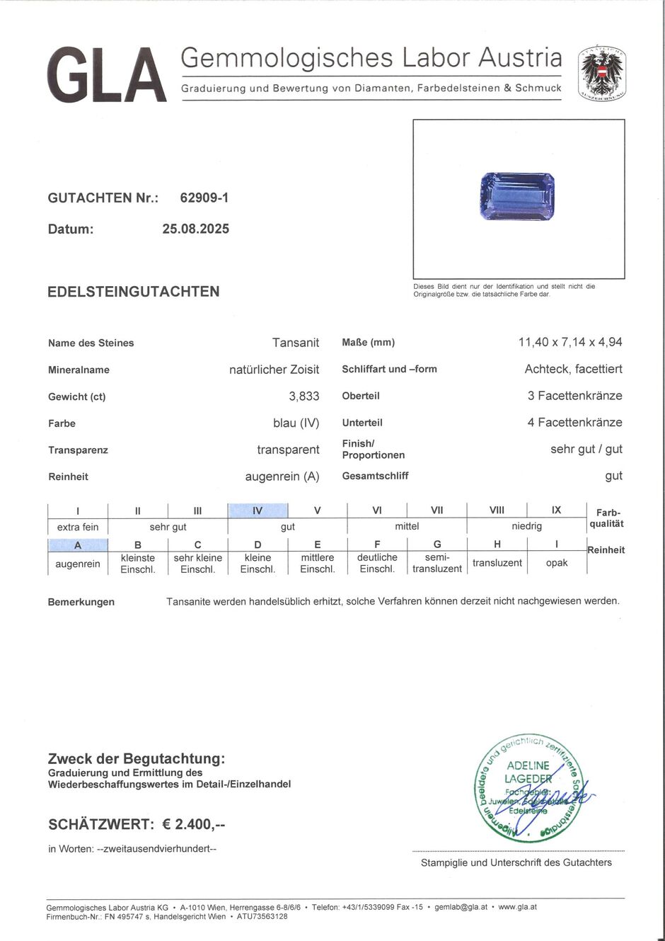 Gutachten zu Tansanit octagon blau 3,83 ct.