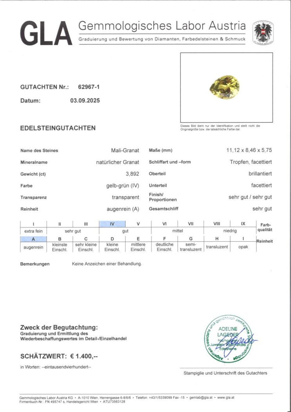 Gutachten zu Mali-Granat Tropfen gelbgrün 3,89 ct