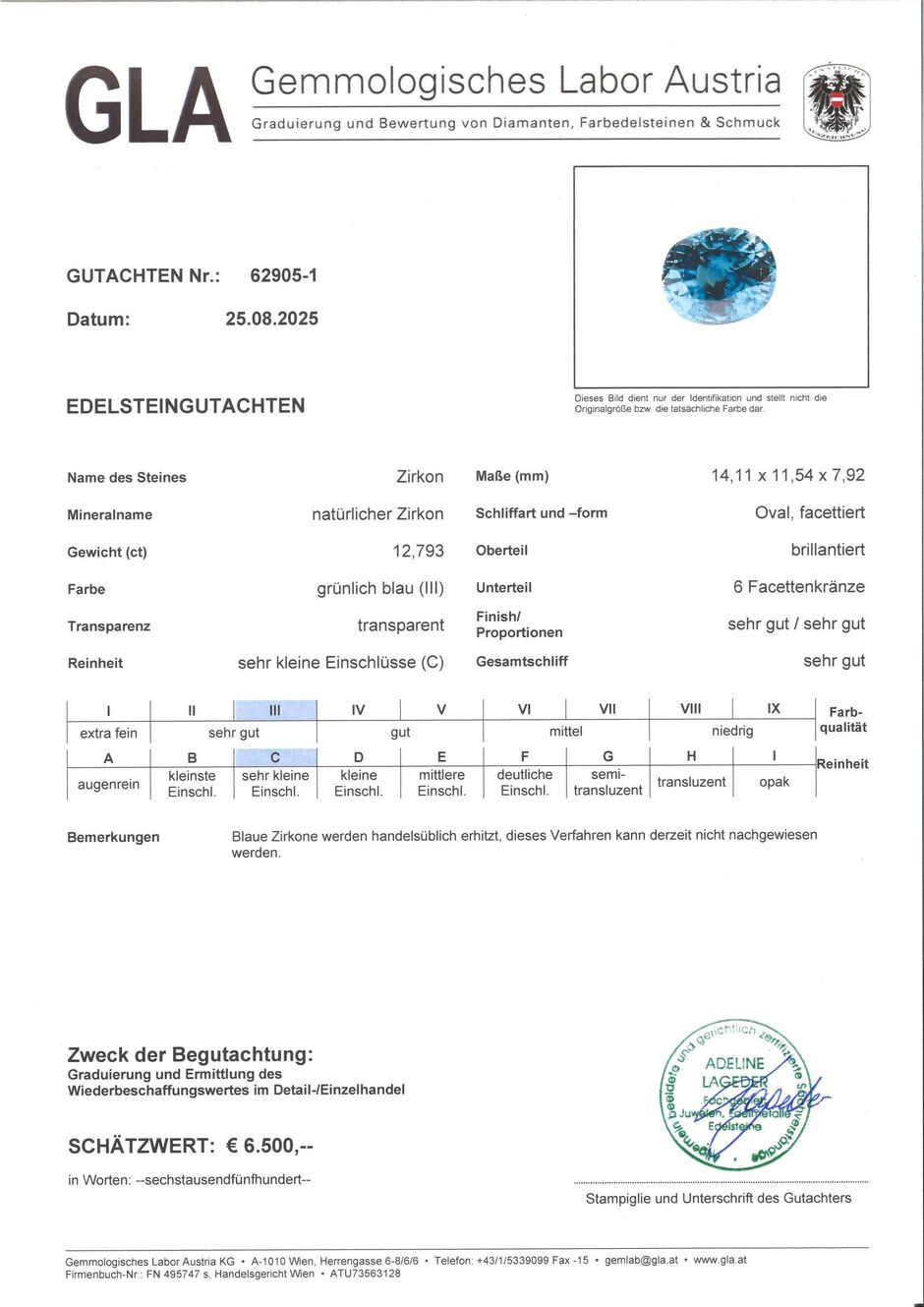 Gutachten zu Zircon oval blue 12.79 ct.