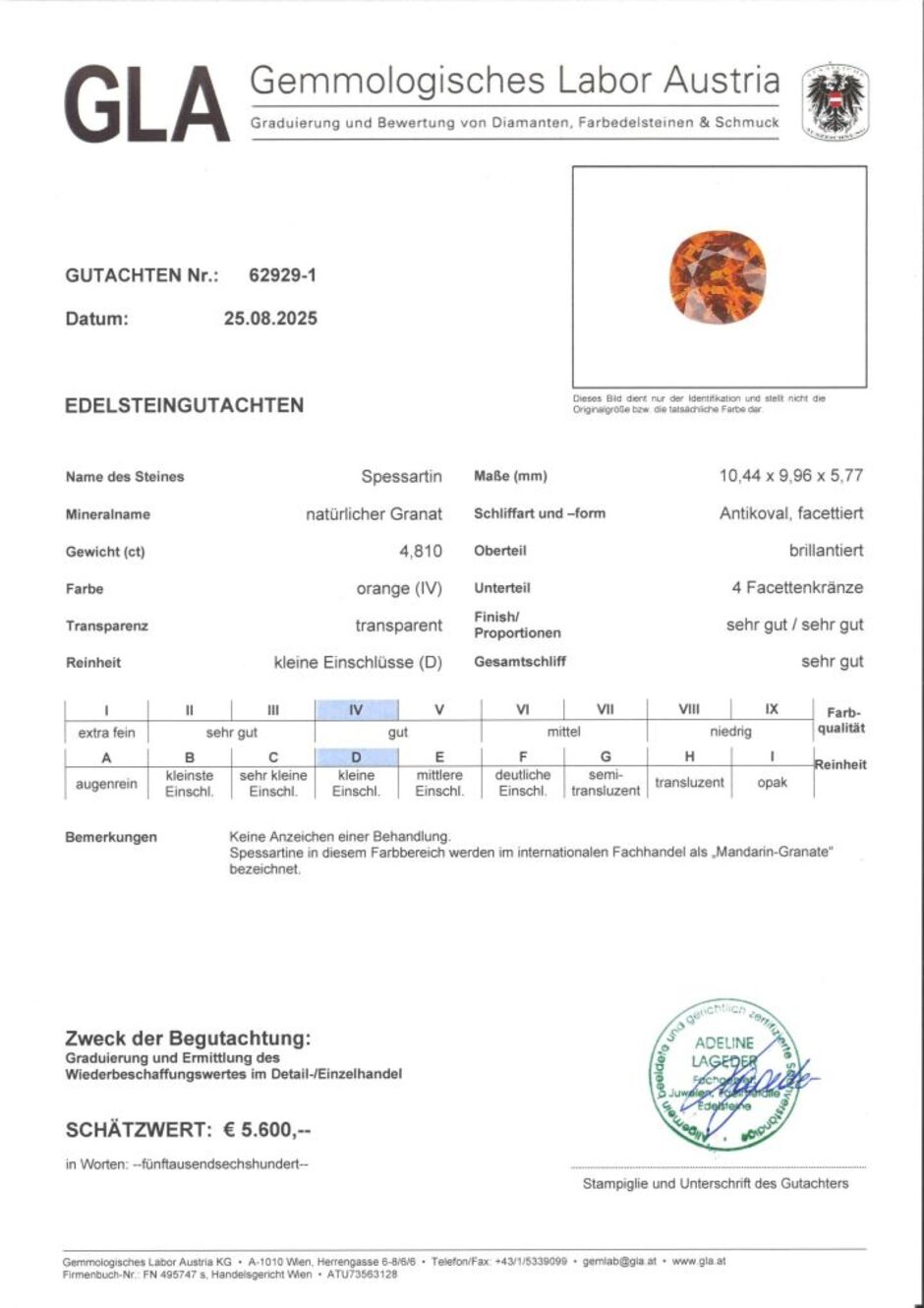 Gutachten zu Mandarin-Granat antikoval orange 4,81 ct.