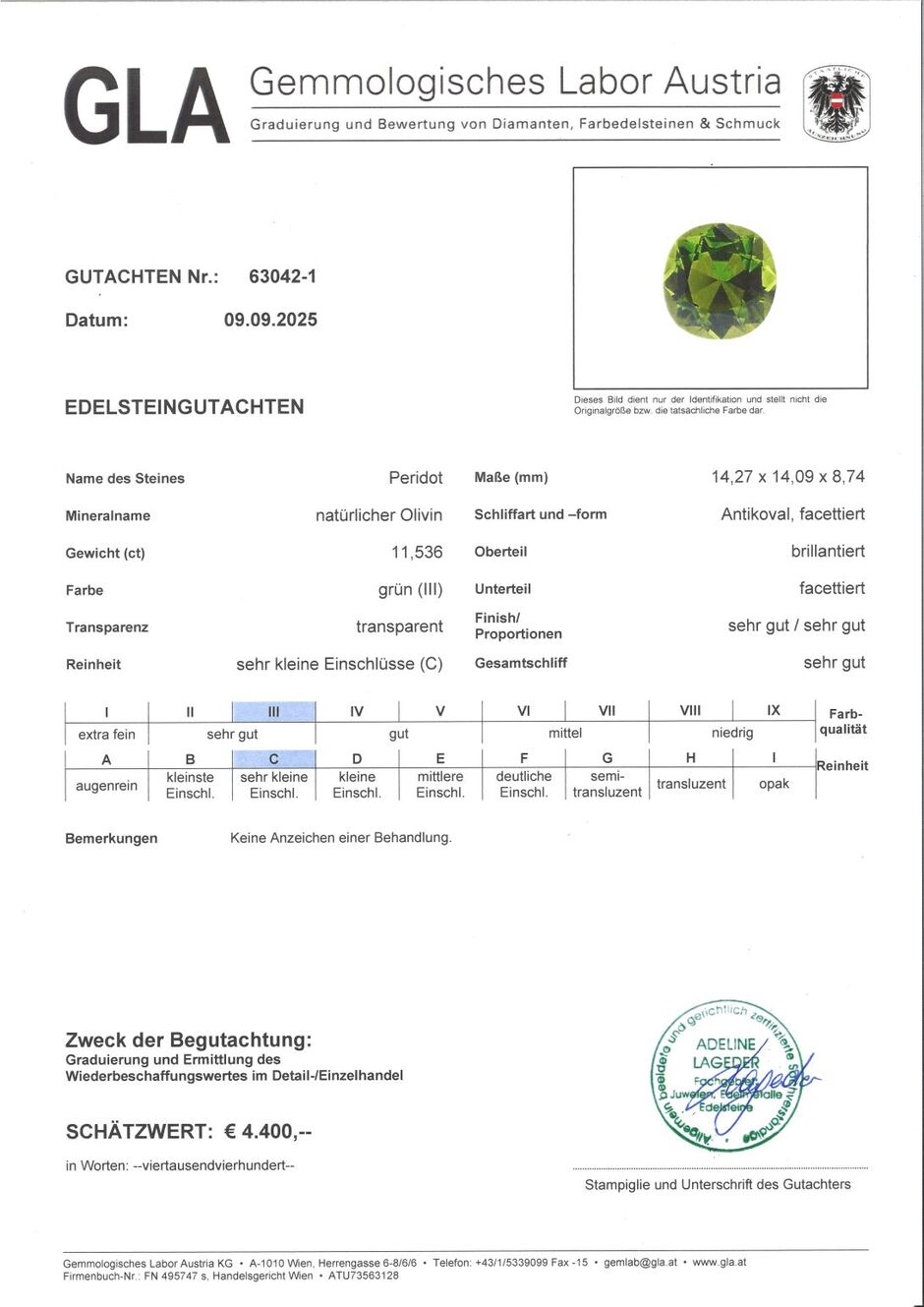 Gutachten zu Peridot antikoval intensives Grün 11,53 ct.
