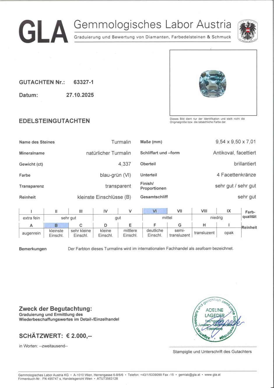 Gutachten zu Turmalin antik blaugrün seafoam 4,33 ct.