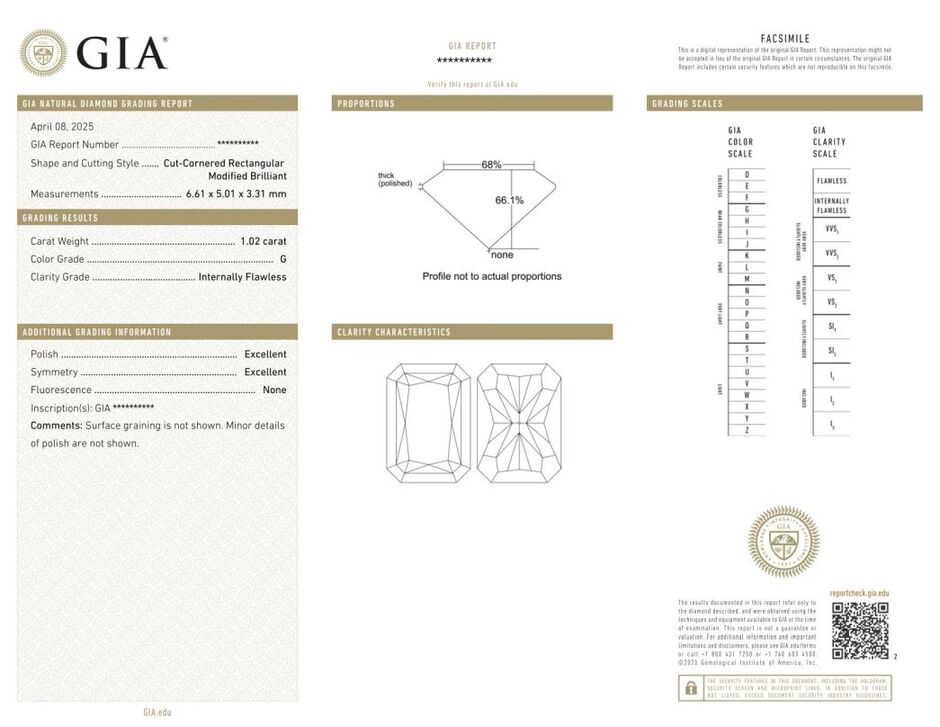 Gutachten zu Diamond radiant feines white G loupe clean 1.02 ct