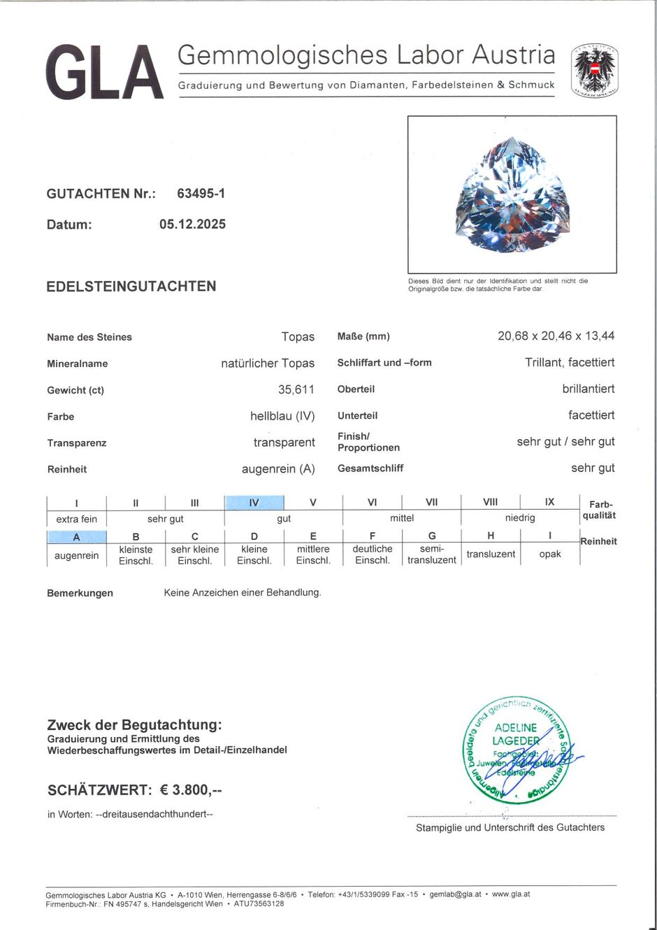 Gutachten zu Topas Trillion hellblau unbehandelt 35,61 ct.