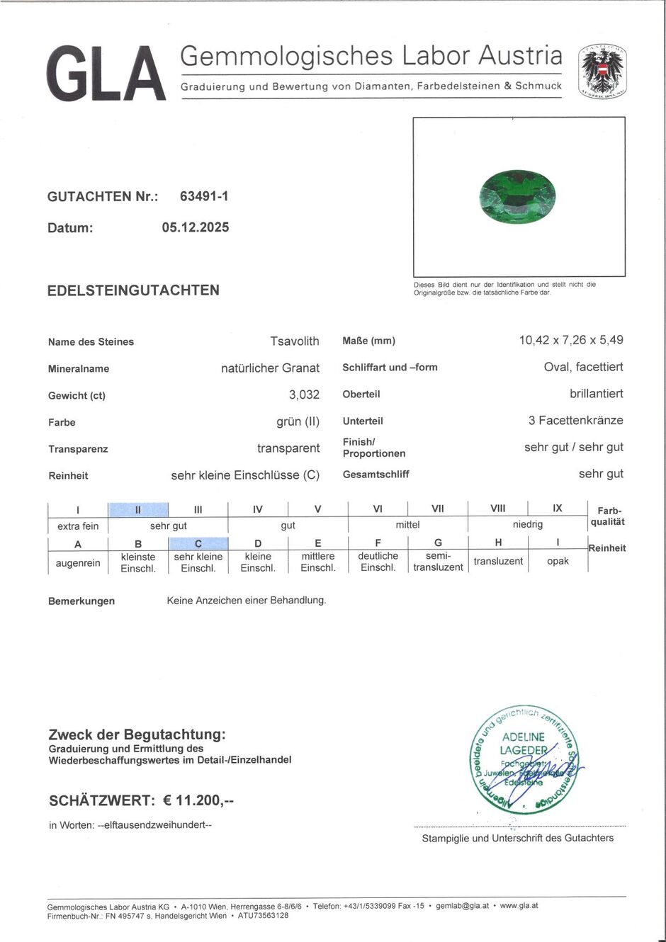 Gutachten zu Tsavorite Garnet oval intense green 3.03 ct.
