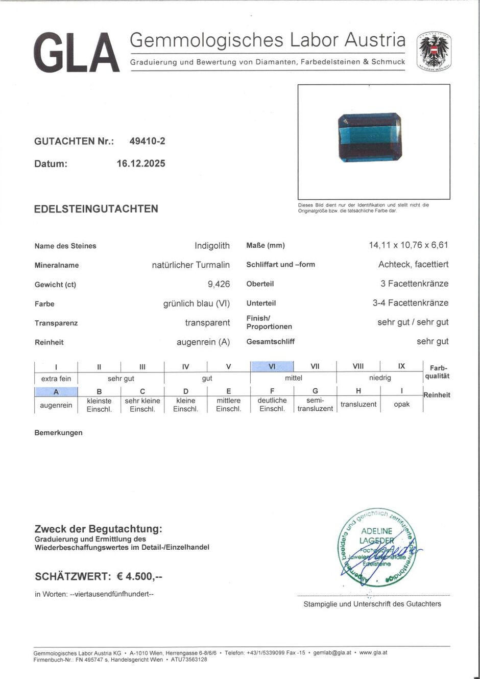 Gutachten zu Indicolite Tourmaline octagon greenish blue 9.42 ct