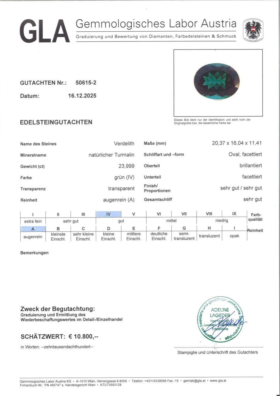 Gutachten zu Verdelith Turmalin oval grün 23,99 ct