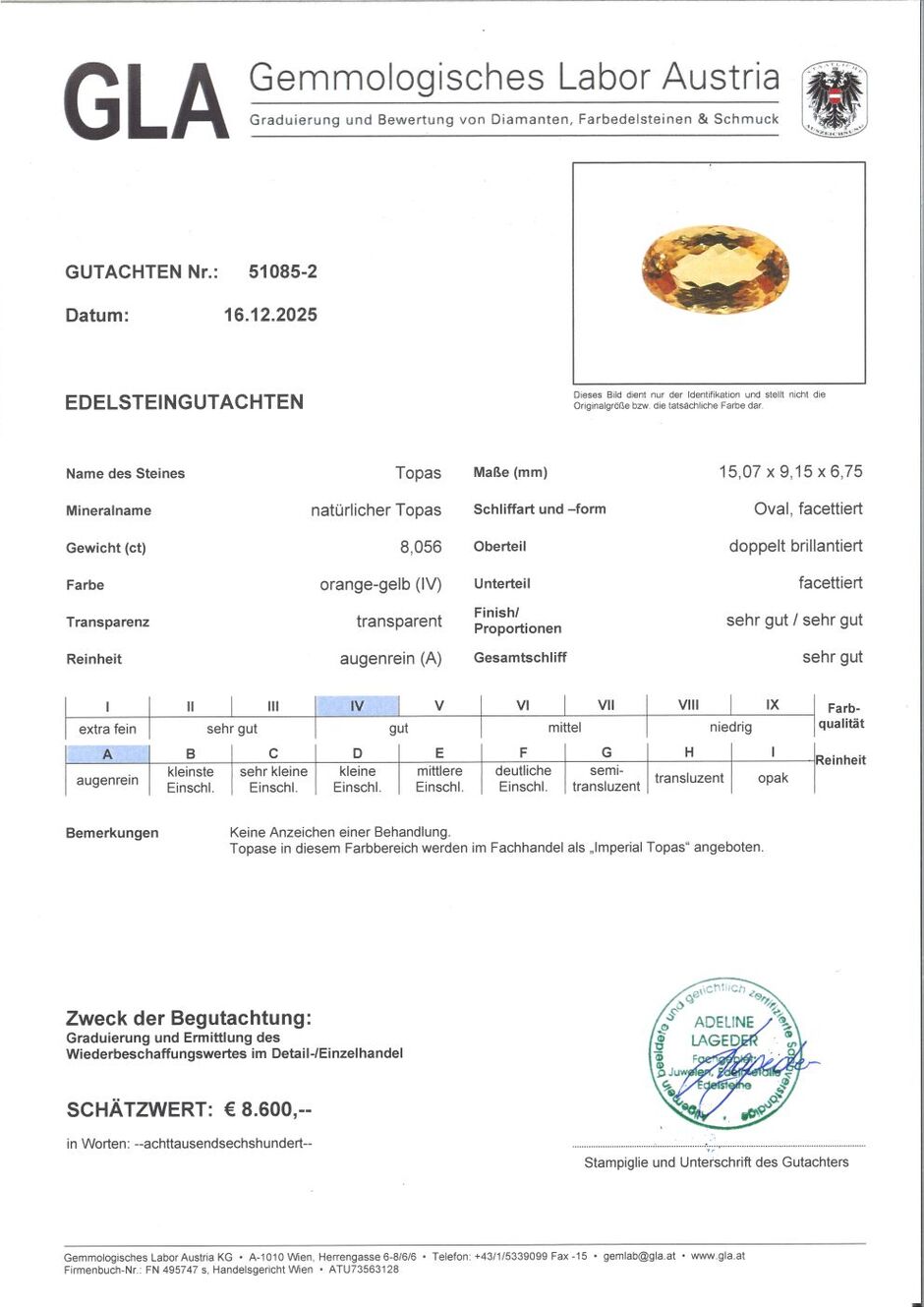 Gutachten zu imperial Topaz oval yellow orange 8.05 ct