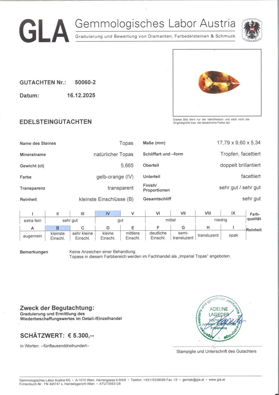 Gutachten zu Imperial-Topas Tropfen gelborange 5,66 ct