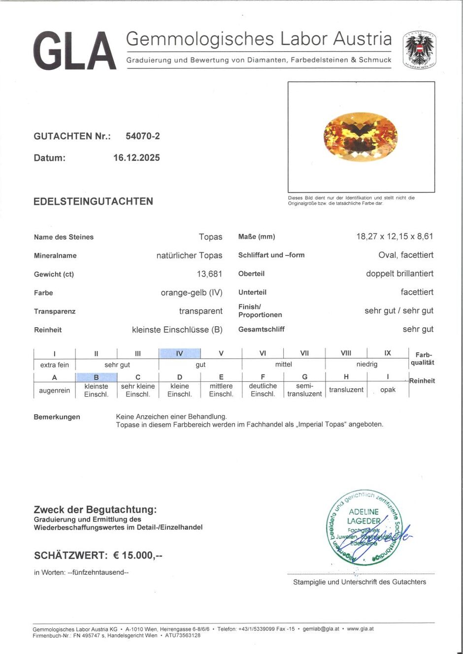 Gutachten zu Imperial Topas oval gelborange 13,68 ct