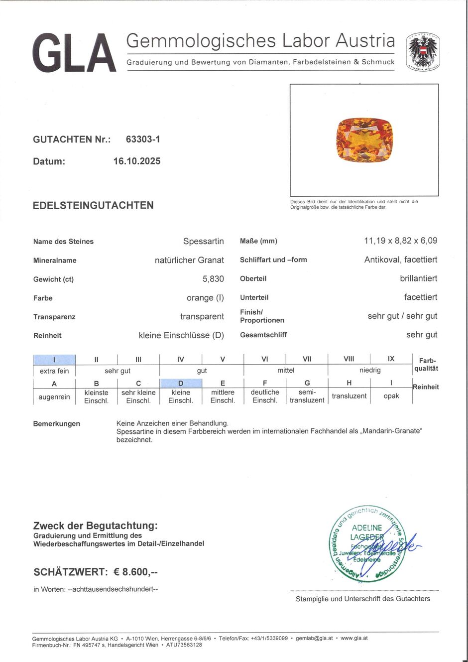 Gutachten zu Mandarin Granat antik intensives Orange 5,83 ct.