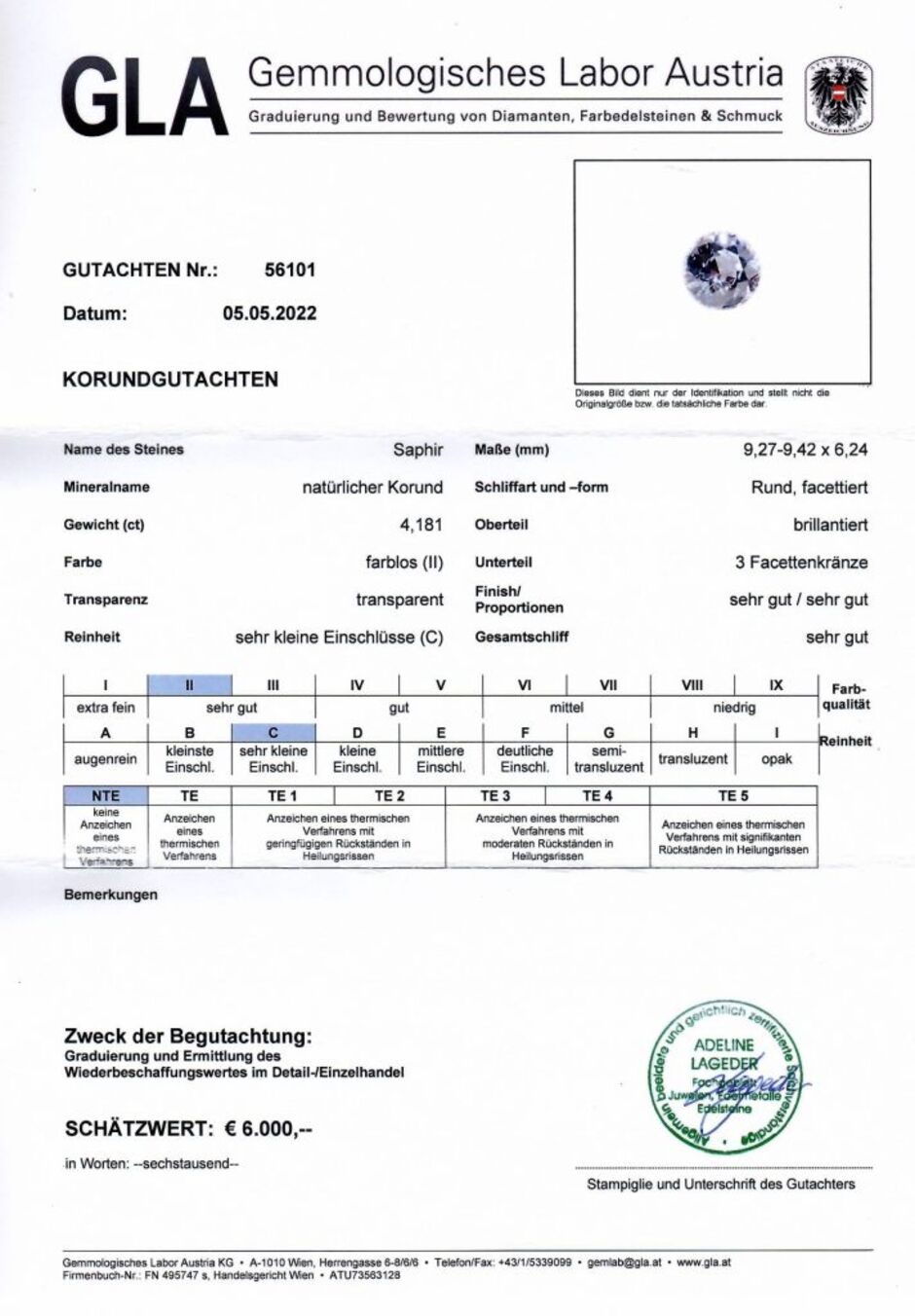Gutachten zu Saphir rund farblos unbehandelt 4,18 ct