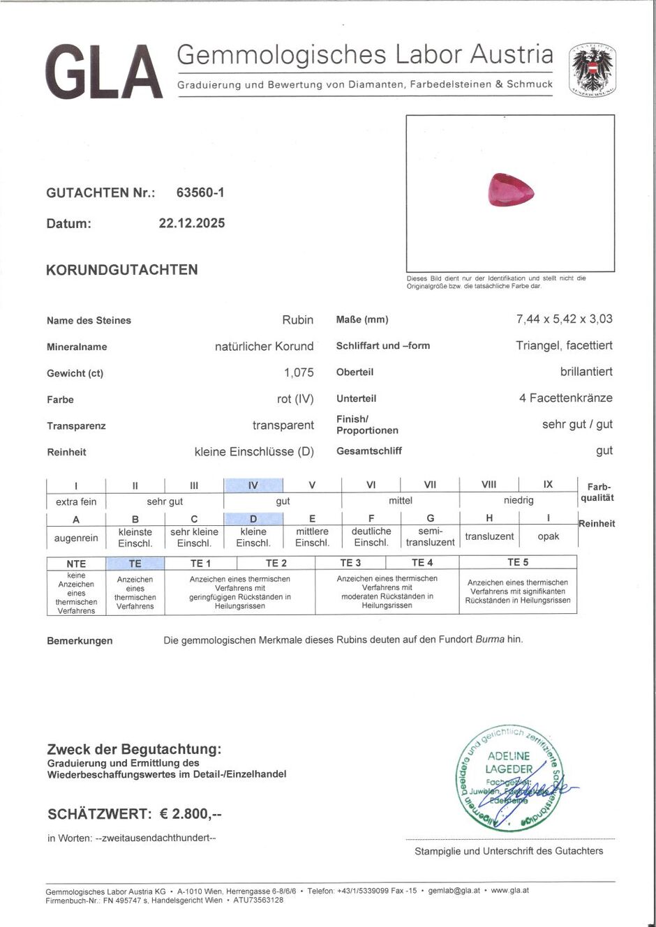 Gutachten zu Burma Rubin Trillion rot 1,07 ct