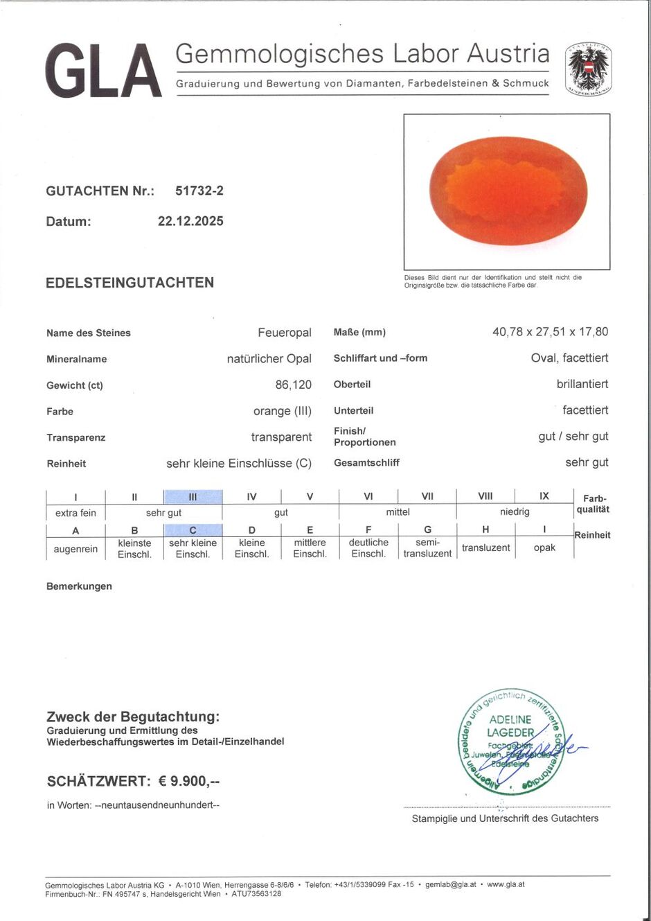 Gutachten zu Fire Opal oval orange 68.12 ct.