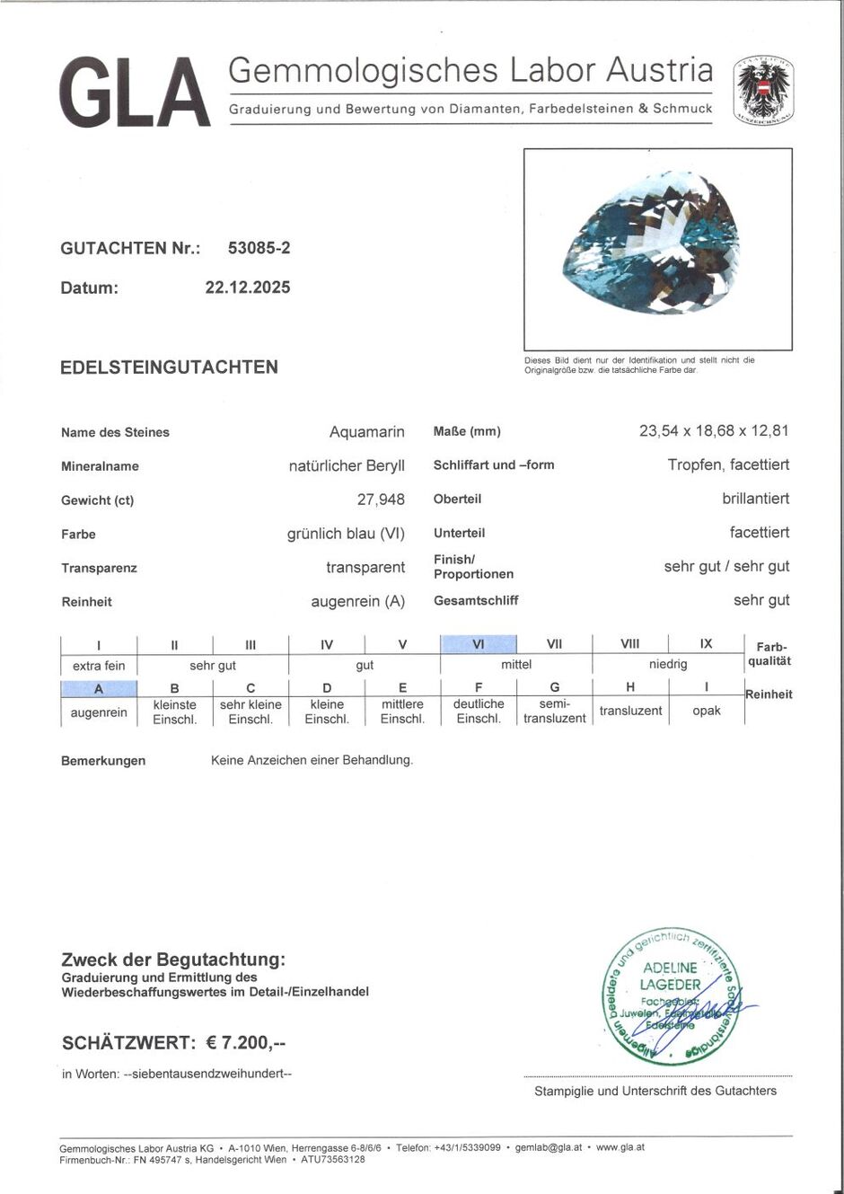 Gutachten zu Aquamarine pear light blue unheated 27.94 ct