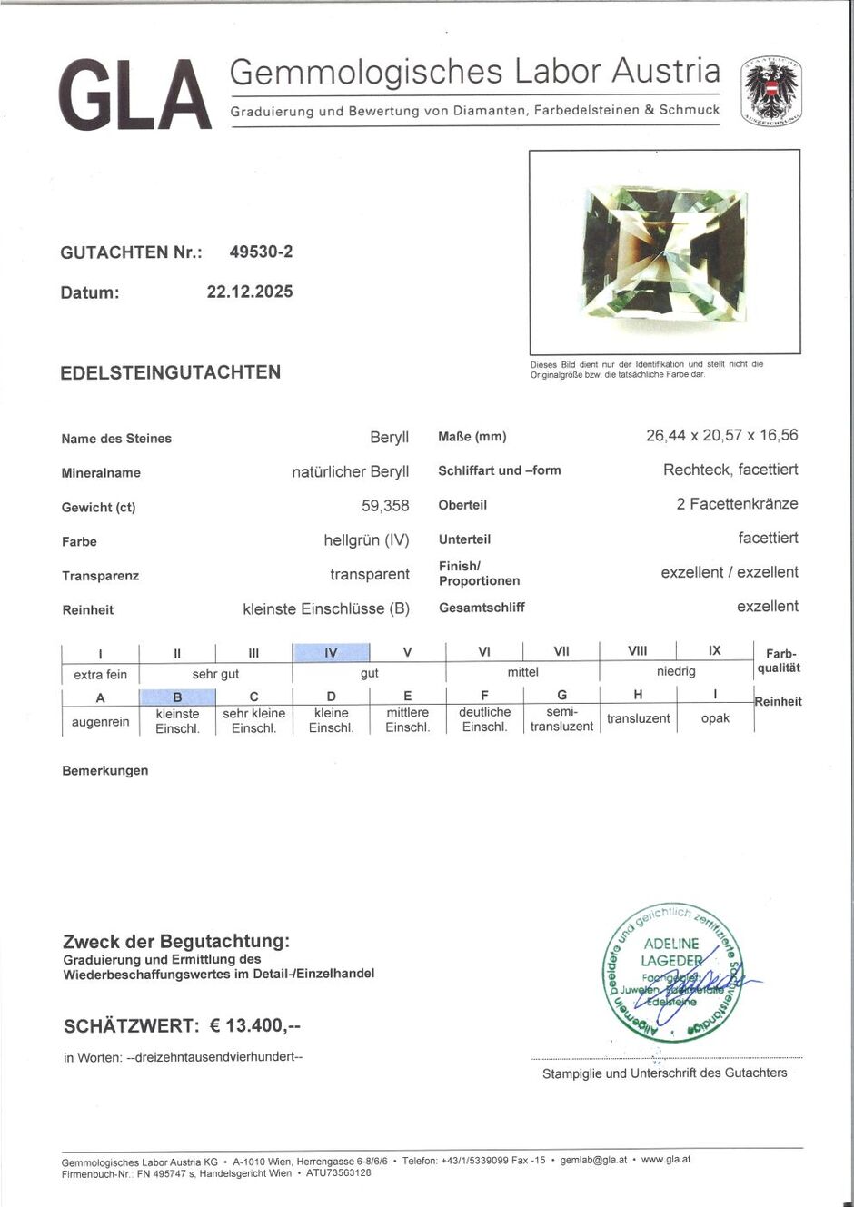 Gutachten zu Beryl Rechteck-Design hellgruen 59.35 ct.
