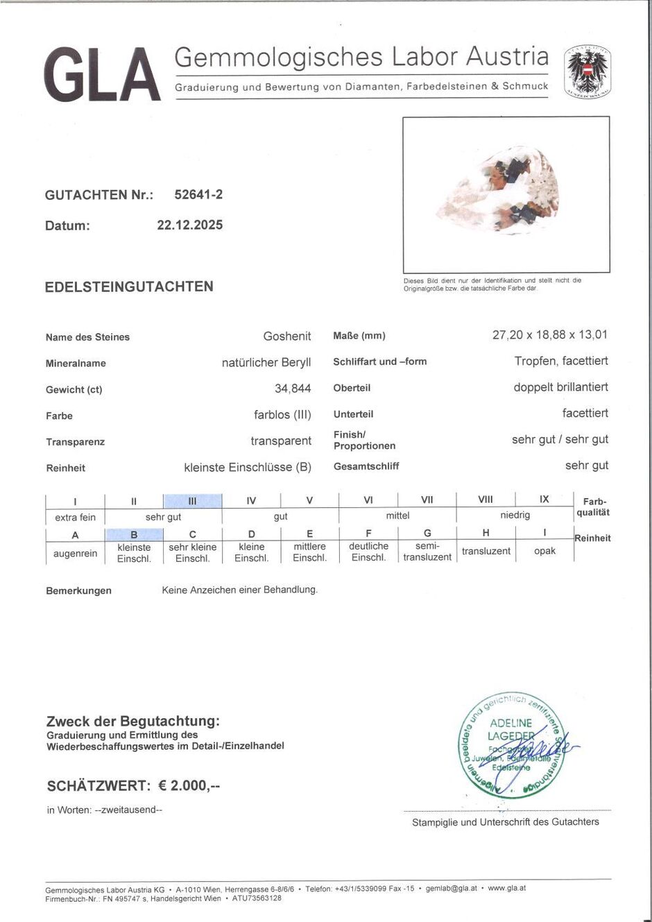 Gutachten zu Edelberyll Goshenit Tropfen farblos-getönt 34,84 ct