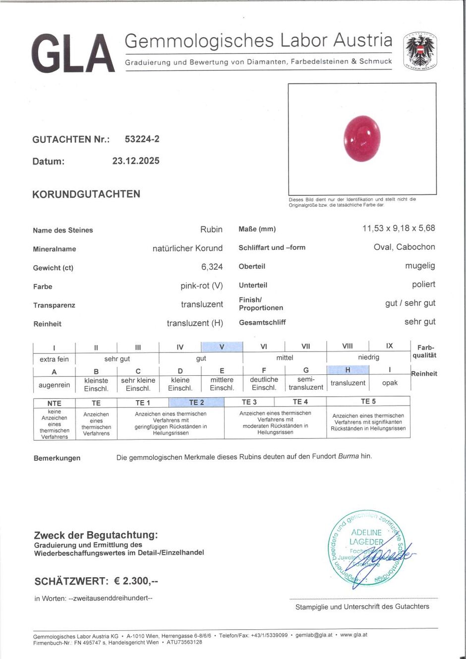 Gutachten zu Burma Rubin Cabochon oval 6,32 ct.