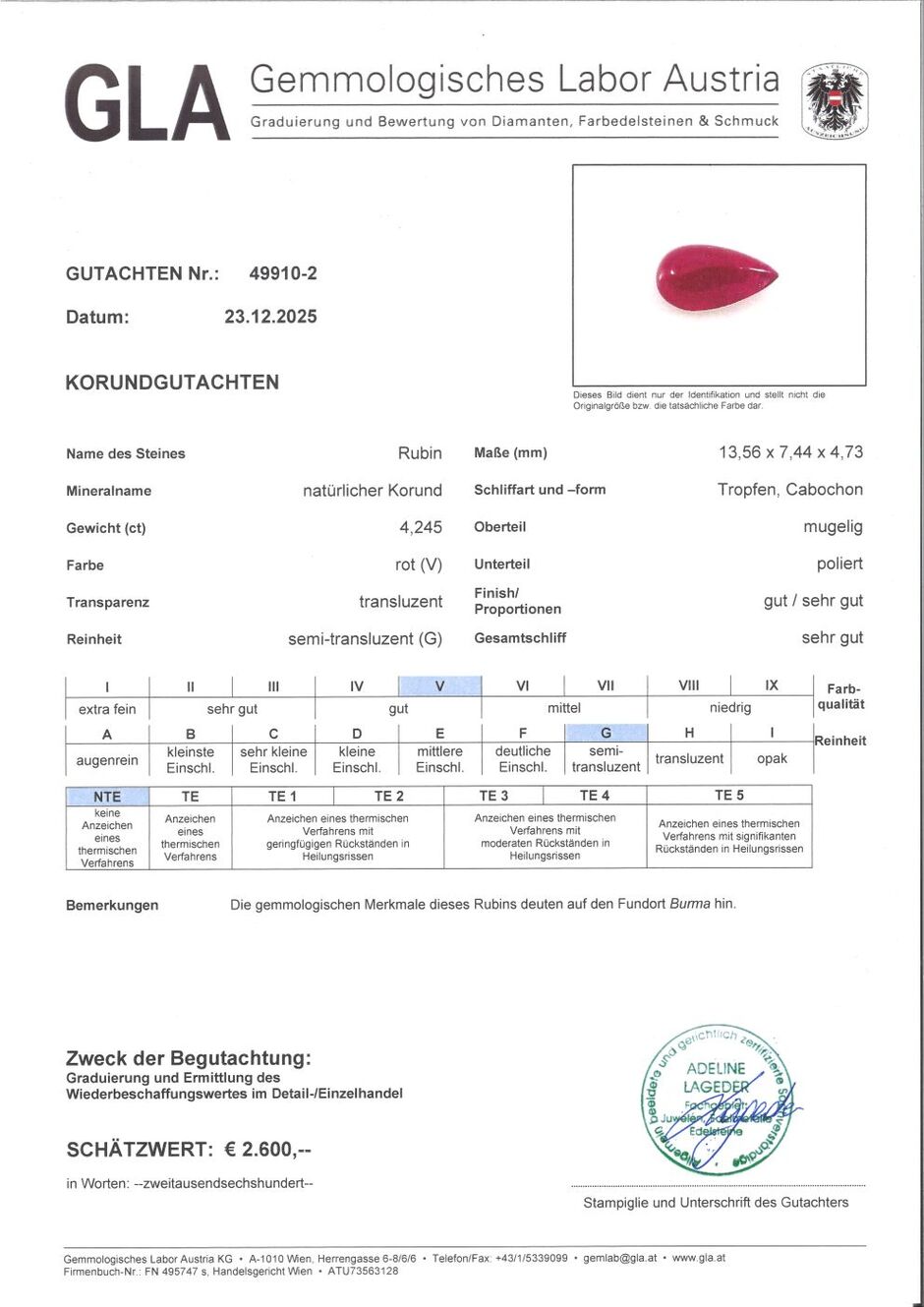 Gutachten zu Burma Rubin Cabochon Tropfen rot unbehandel 4,24 ct.