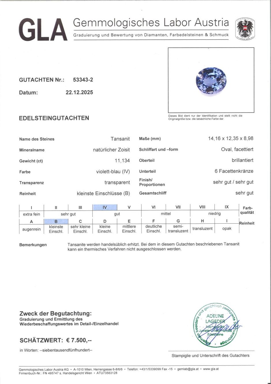 Gutachten zu Tansanit oval blau 11,13 ct