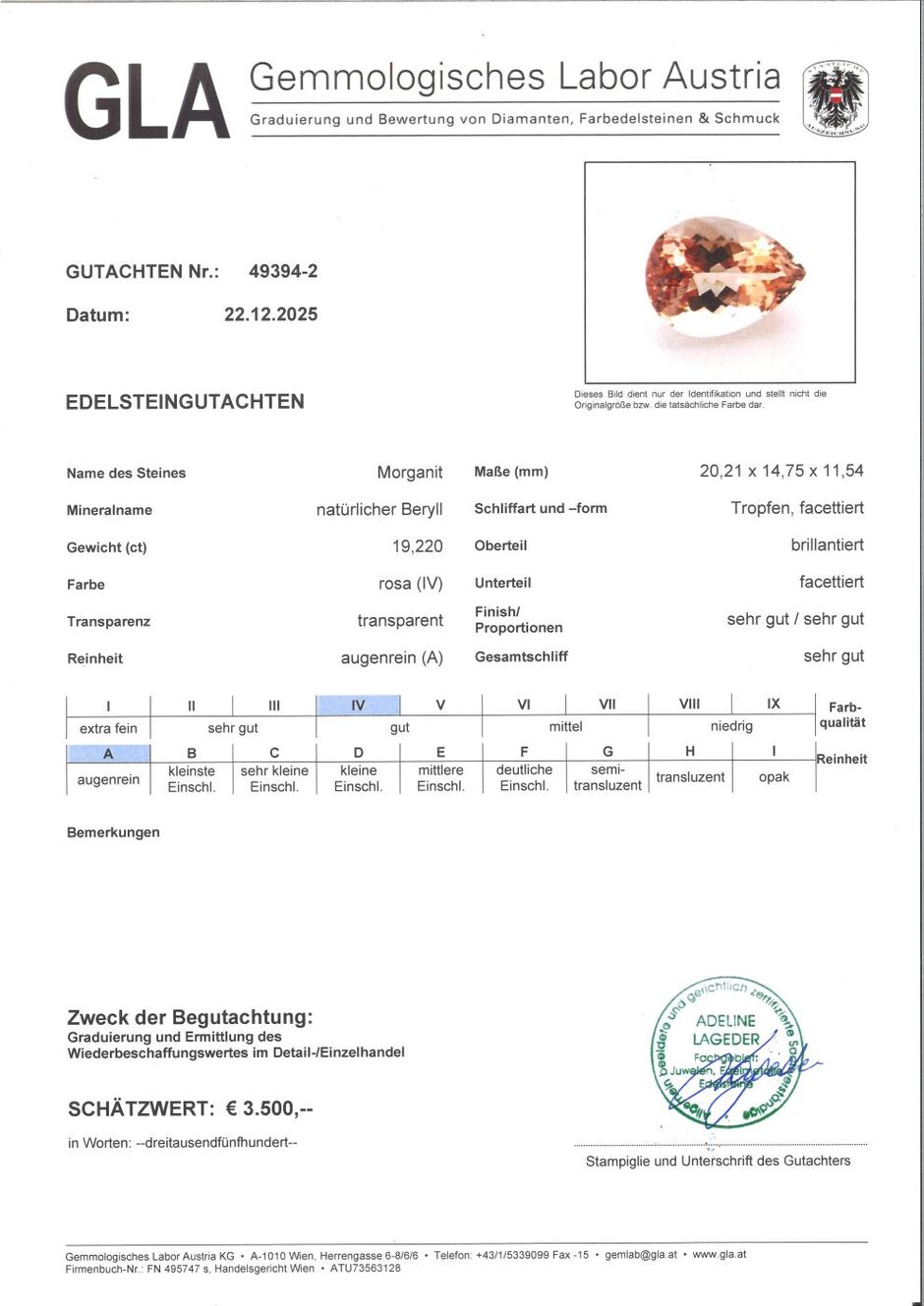 Gutachten zu Morganite pear orangebraun-rosa 19.22 ct